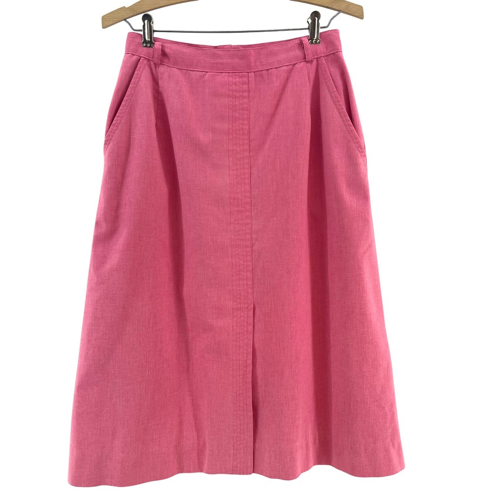 Vtg 90s Linen Blend‎ Midi Skirt Womens S Pink A-Line Slit Pockets Euro Summer